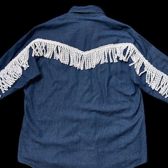70s vintage fringe denim shirt pointed collar Bar B Western Wear snap button. - Picture 5 of 11